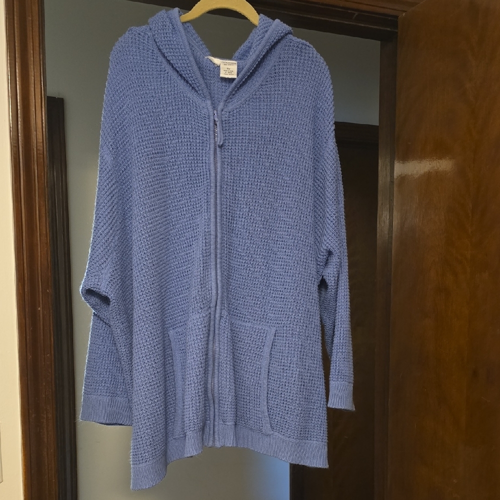 Blue Hooded Knit Zipper Cardigan